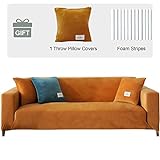OKYUK Housse de canapé épais de 1, 2, 3 ou 4 Places en Velours épais Extensible avec 1 taie d'oreiller - Housse de canapé Universelle Bien ajustée (Orange, 4 Places)