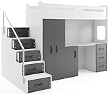 Interbeds Lit Mezzanine Max 4 en 80x200 avec Bureau, Armoire, Matelas, sommier et escalier (Blanc+Gris)