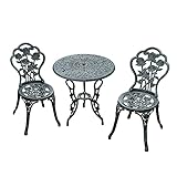 Ensemble Salon de Jardin 2 Places 2 chaises + Table Ronde Style néo-rétro Motif Rose Lignes fuselées Fonte d'aluminium Vert Vieilli