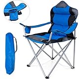 TRESKO® Chaise de Camping Pliante et transportable | jusqu'à 150 kg | Chaise de pêche Portable avec accoudoirs et Porte-gobelets (Bleu)