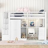 KecDuey Lit mezzanine 90 x 200 cm - Blanc - Avec escalier, bureau, sommier à lattes, protection anti-chute et tiroirs - Lit simple avec armoire