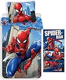 rainbowFUN.de Marvel Spiderman Parure de lit réversible 135 x 200 cm et serviette de bain 70 x 140 cm en coton