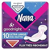 Nana Ultra Goodnight Large Serviettes Hygiéniques pour la Nuit - Flux Très Abondant - Plus Longues pour une Protection Optimale - 10 Serviettes avec Ailettes