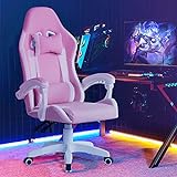 LEMROE Chaises professionnelles de jeu vidéo en simili cuir avec dossier haut et repose-pieds pivotant à 360 degrés pour la maison ou le bureau (rose)