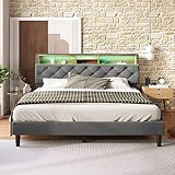 Sweiko Lit140*200CM,Cadre de lit avec éclairage LED sommier et rangementit rembourréLit avec tête de lit de Rangement et éclairage LED, Cadre de lit en Bois (sans Matelas)
