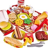 BUYGER 63 Pièces Dinette Enfant Jouet Cuisine Aliment avec Hamburger, Plateau, Jeux de Imitation pour Garcon Fille, Cadeau Éducatif