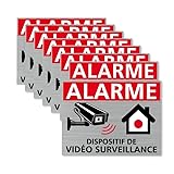 Autocollants vidéo Surveillance, Dispositif sous Vidéo Surveillance, Lot de 8 adhésifs. Stickers Alarme et sécurité - 80 x 60 mm - Argent brossé