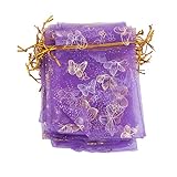 Environ 100 pochettes en organza avec cordon de serrage pour cadeaux de mariage, 9 x 12 cm (imprimé papillon), violet