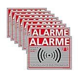 Autocollant Alarme Maison dissuasifs (x8) – Alarme Surveillance électronique Aluminium brossé - Taille de l'adhésif Anti-cambriolage 80x60 mm - Sticker de sécurité Alarme Surveillance électronique