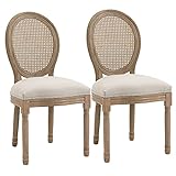 HOMCOM Lot de 2 chaises de Salle à Manger - Chaise de Salon médaillon Style Louis XVI - Bois Massif sculpté, patiné - Dossier cannage - Aspect Lin Beige