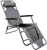 Omnideal Chaise Longue Pliable pour Camping et Jardin | Transat Inclinable avec Repose-tête | Structure en Acier | Poids Max supporté 100 kg | 178cm | Gris