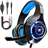 Casque Gaming PS4, Casque Micro Omnidirectionnel Antibruit Stéréo Surround Transducteurs 50mm Over-Ear Confort Compatible PC PS5 PS4 Xbox One Switch