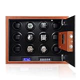 12 Watch Winder Safety Box - for 12 Automatic Watches Quiet Motor/Easy Set-up/4 Pre-Programmed Modes Microfiber Leather LED Touch Screen Safe Box Watch Winder