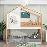 Merax Lit superposé 200 x 90 cm, lit bébé avec protection anti-chute et échelle, lit simple pour enfant avec sommier à lattes, lit en bois pour fille et garçon, couleur naturelle + blanc