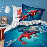 Marvel Spiderman - City. Parure de lit Enfant Réversible 100% Coton, Housse de Couette 140x200 cm et 1 taie d'oreiller 63x63 cm. Superhéros, Bleu, Rouge