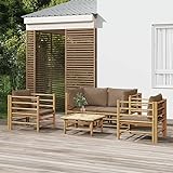 Homgoday Ensemble de salon de jardin 5 pièces avec coussins taupe en bambou, salon de jardin, chaises longues, canapé-lit, meubles de jardin, chaises longues pour balcon extérieur