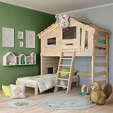 Alpin Chalet Lit mezzanine pour enfants, lit double, lit de maison, bois massif naturel 100 % bio (accessoires en option, avec portes en haut)