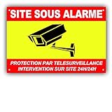 Panneau de Télésurveillance SITE sous Alarme en PVC + 4 Trous avec Texte : Protection par télésurveillance - Intervention sur site 24H/24H - CRJ (150 x 100 mm)