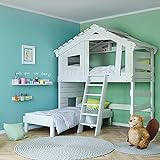 Alpin Chalet Lit mezzanine pour enfant, lit double, lit de maison, bois massif laqué blanc (accessoires en option, avec étagère supérieure (triangulaire)