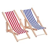 Bememo Chaise de plage pliante miniature en bois à rayures rouges et bleues pour intérieurs et extérieurs (pack de 2)