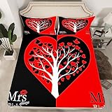 Parure de lit 3 pièces avec drap-housse motif arbre d'amour, noir et rouge avec 2 taies d'oreiller, parure de lit pour la Saint-Valentin pour les amoureux, les couples et la décoration de chambre