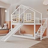 ZYLOYAL10 Lit superposé, lit en bois avec escalier et grille, avec toboggan et fenêtre, cabane en rondins avec protection anti-chute, cadre de lit en bois massif, blanc (90 x 200 cm)