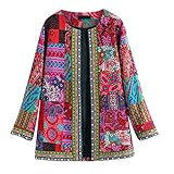 WOZOW Veste en Coton à Manches Longues Grande Taille Ethnique Vintage pour Femme Kimono Gilet Blazer Manteau Hiver T-Shirt Capuche Taille(Rose Vif,4XL)