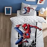 Spiderman Hero Parure de Lit Enfant 140x200 cm | 100% Coton | Oeko-TEX | Housse de Couette Enfant 1 Personne 140x200 cm + 1 Taie d'oreiller 63x63 cm Imprimées Réversibles | Gris